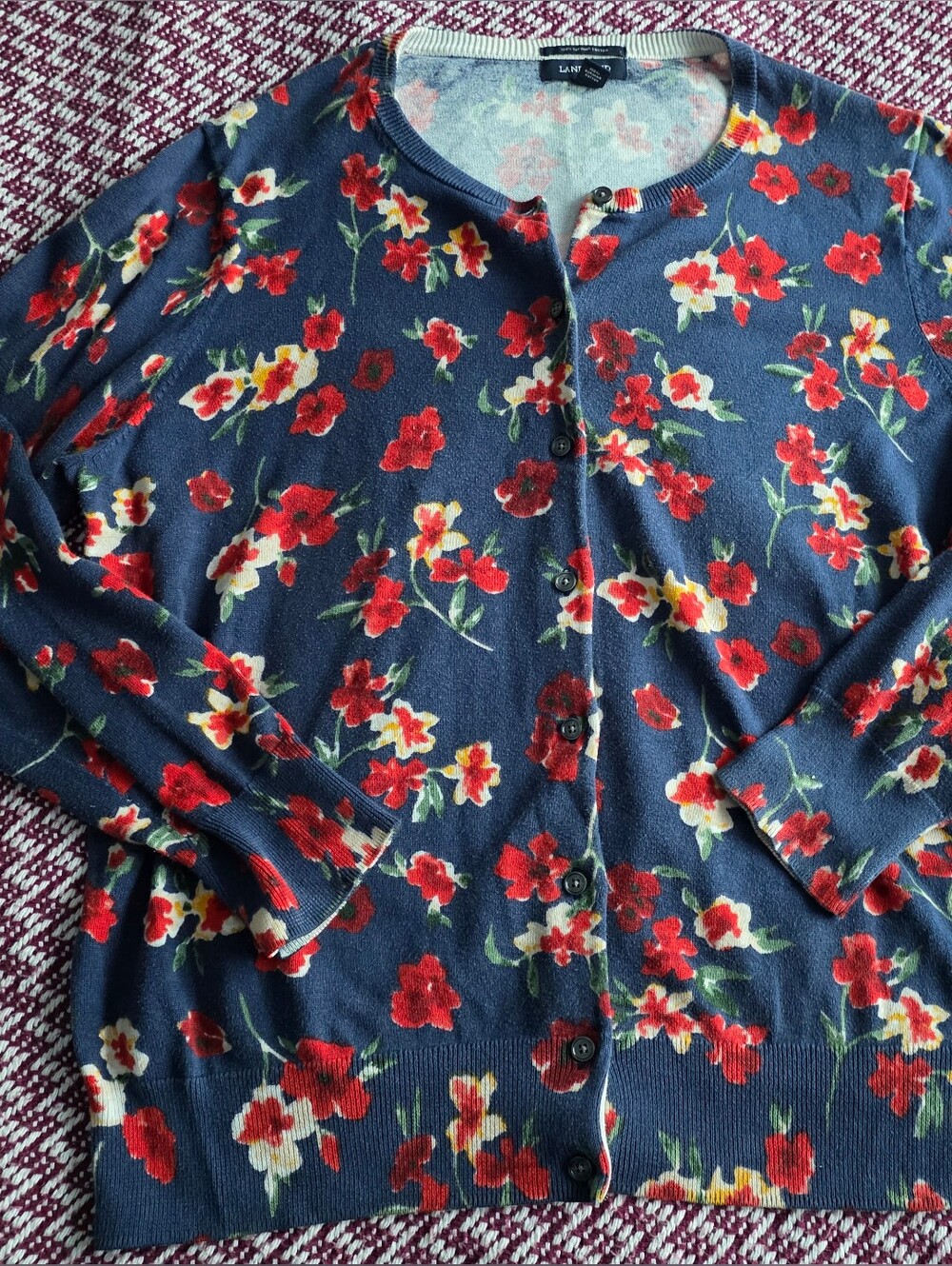 Lands' End Navy Cardigan with Red and Cream Floral Print